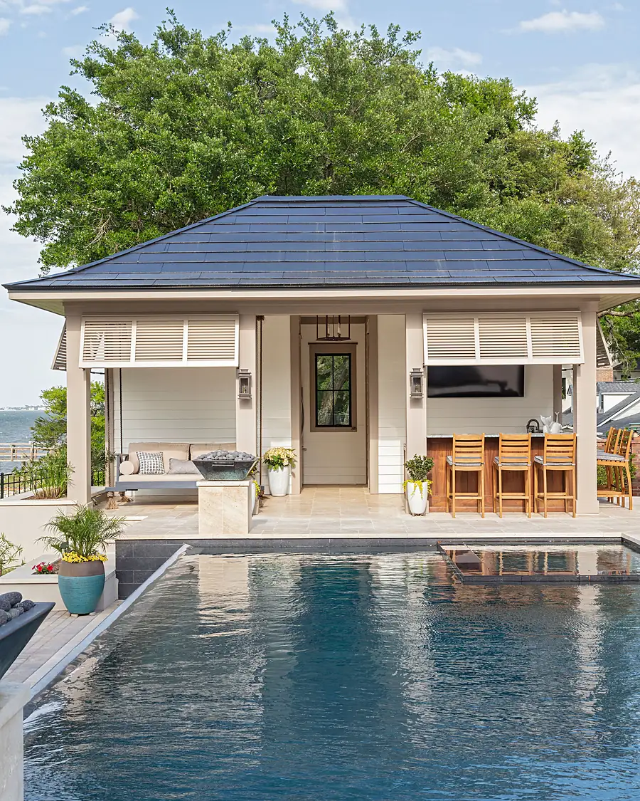 Poolside cabana and outdoor kitchen kept ready for the season