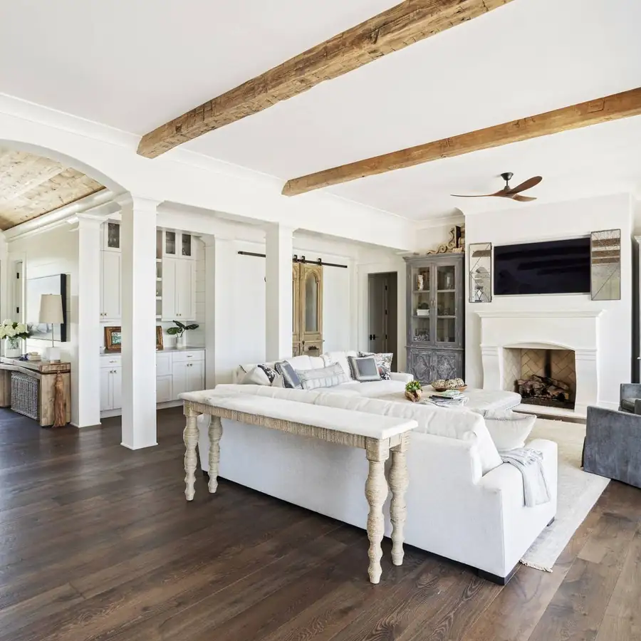Living room with exposed wood beams, Daniel Island